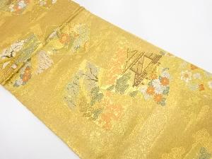 リサイクル　純金箔二重織色紙に屋敷風景模様織出し袋帯
